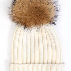LA Style Rush Pom Knit Beanie In Ivory