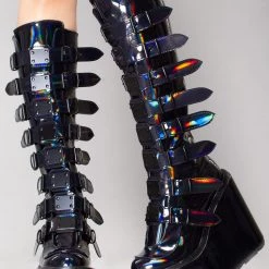 Demonia Lost Frequencies Black Holographic Platform Boots