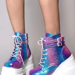 Demonia Shaker Metallic Iridescent Platform Boots In Pink Purple