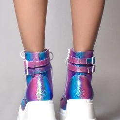 Demonia Shaker Metallic Iridescent Platform Boots In Pink Purple
