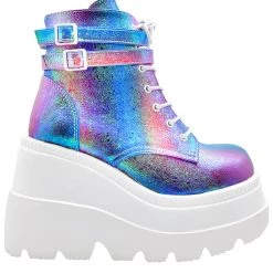 Demonia Shaker Metallic Iridescent Platform Boots In Pink Purple
