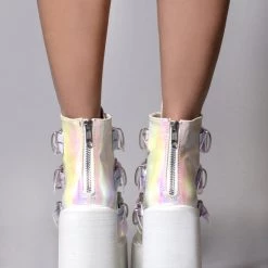 Demonia Swing Strapped Platform Boots In Iridescent Pearl