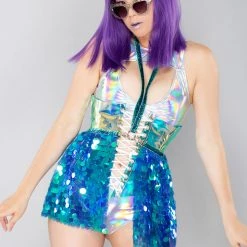 J Valentine LASR Exclusives X LASR Exclusive Blue Water Sequin Harness Short Gypsy Skirt
