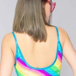J Valentine Women's Festival Diagonal Rainbow Spaghetti Strap Crop Tank Top
