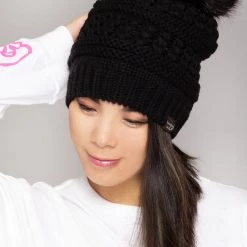 LA Style Rush Pom Knit Beanie In Black The Great Fantastic
