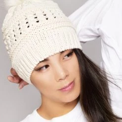 LA Style Rush Pom Knit Beanie In Ivory