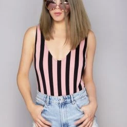 Motel Rocks Lalung Lycra Stripe Bodysuit In Pink/Black Women's Festival