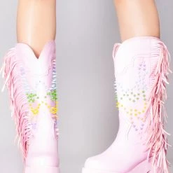 Y.R.U. World Tour Bad B Fringe Platform Boots In Pink Pastel