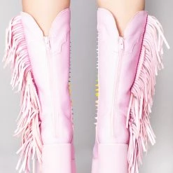 Y.R.U. World Tour Bad B Fringe Platform Boots In Pink Pastel