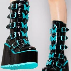 Y.R.U. Dune Butterfly Platform Boots In Black Teal