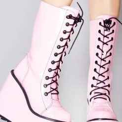 Y.R.U. Dune Lace Up Platform Boots In Pink Black Tea Room Cinema