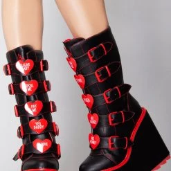 Y.R.U. New Dune Valentine Platform Boots In Black Red