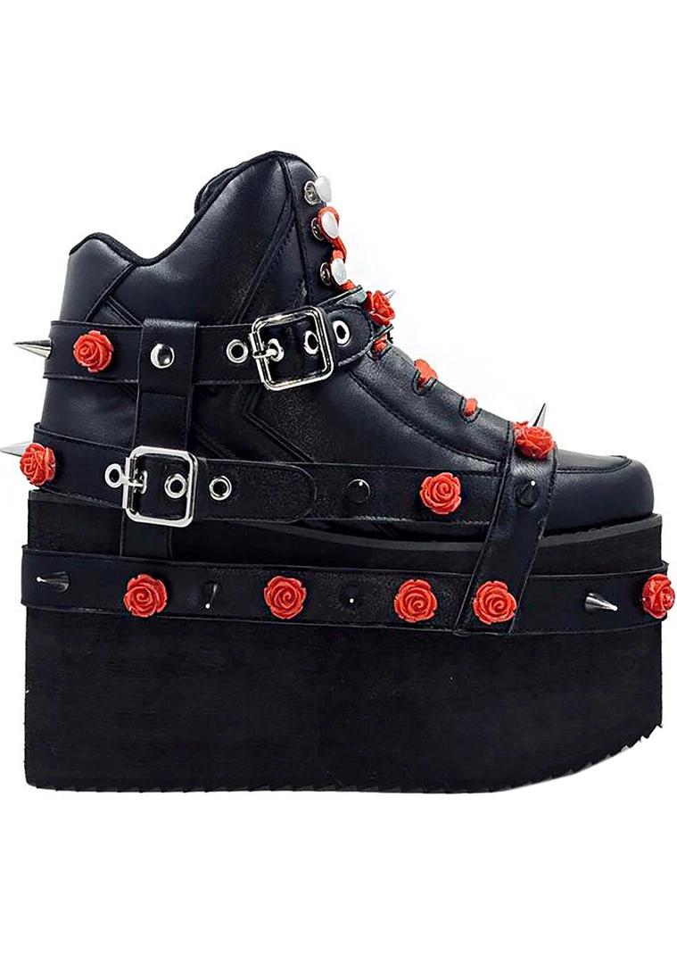 Y.R.U. Qozmo Bondage Rose Platform Sneakers In Black Red Wild Heart 7 Y.R.U. Qozmo Bondage Rose Platform Sneakers In Black Red Wild Heart
