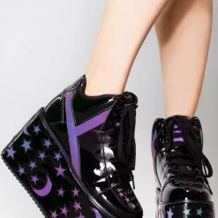 Y.R.U. Qozmo Moon & Star Platform Sneakers In Black Reflective