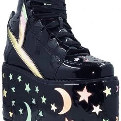 Y.R.U. Qozmo Moon & Star Platform Sneakers In Black Reflective